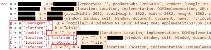 図-7 挿入されたJavaScriptコードの一部（加工済み、橙色のハイライトはデバッグツールによるコメント文）